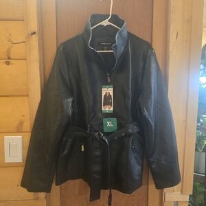 New with tags Kenneth Cole XL black faux leather belted pocketed coat jacket